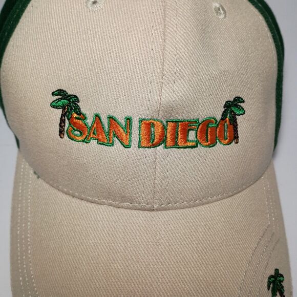 Rare San Diego Tan Adjustable Hat Beige Baseball Cap Green Palm Trees Khaki - Picture 3 of 16
